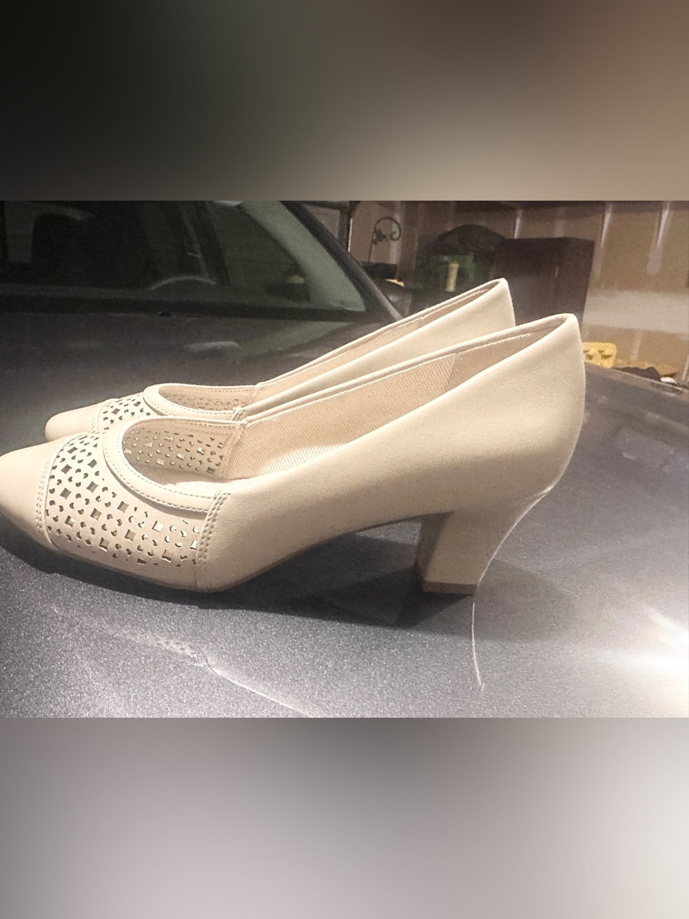 Brand new never worn easy street Beige Low Block Heel Pumps with Perforated Toe
